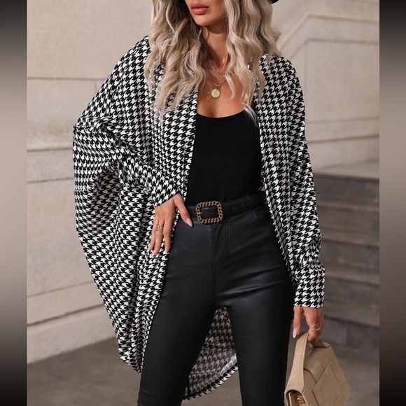 Classic Houndstooth Plaid Batwing Sleeve Open Front Cover UP Coat LIGHTWEIGHT - Picture 3 of 11